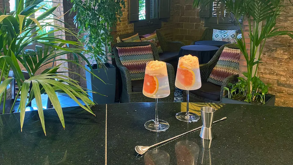 two cel rogent cocktails on a table overlooking a cocktail lounge